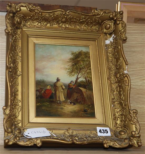 After George Morland, oil on canvas, Gypsy encampment, bears signature, 19 x 15cm